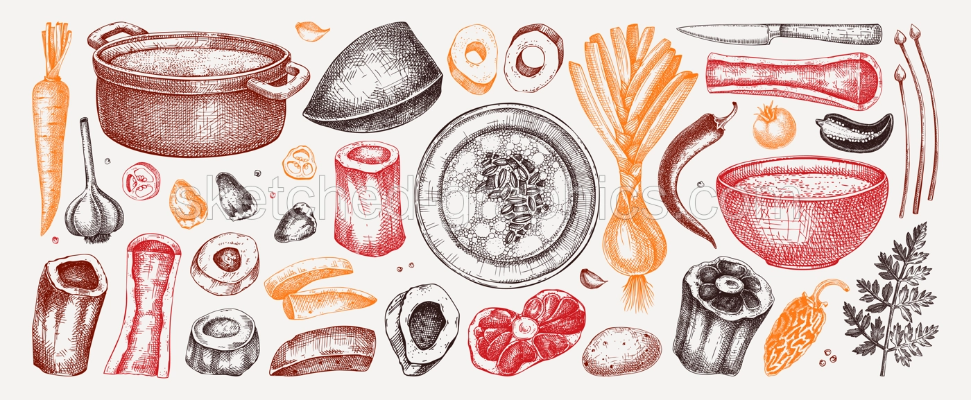 Healthy food set in color. Marrow bone broth, hot soup served on plates, pans, bowls, vegetables, organ meat, marrow bones sketches. Hand drawn vector illustrations. Homemade food menu design elements Illustration